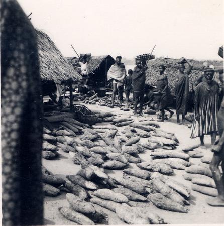A photograph depicting a market scene with yams on the ground and people standing nearby.
