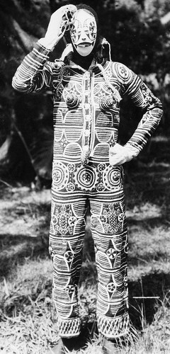 A photograph depicting a man in an elaborate, full-body patterned garment and a light-colored mask.